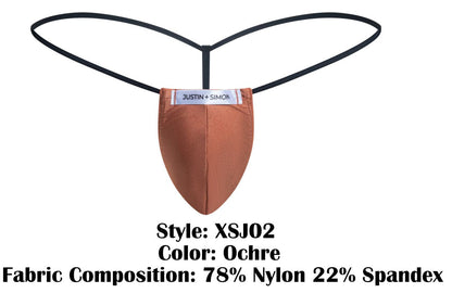 Ochre-colored classic g-string thong with black elastic straps and justin simon brand label front design