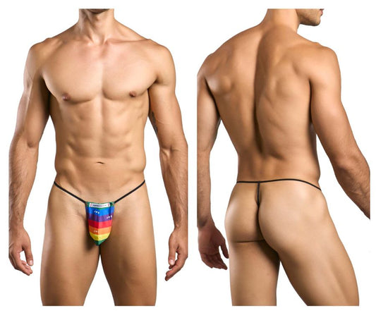 Rainbow-striped thong with black elastic waistband and leg straps from JUSTIN+SIMON XSJ02 Classic G-String Color Pride Flag
