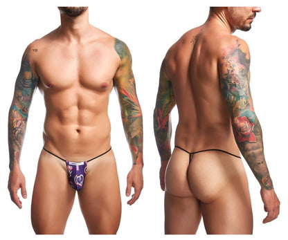 Purple patterned thong with black elastic waistband from Justin Simon classic g-string color pride collection front view