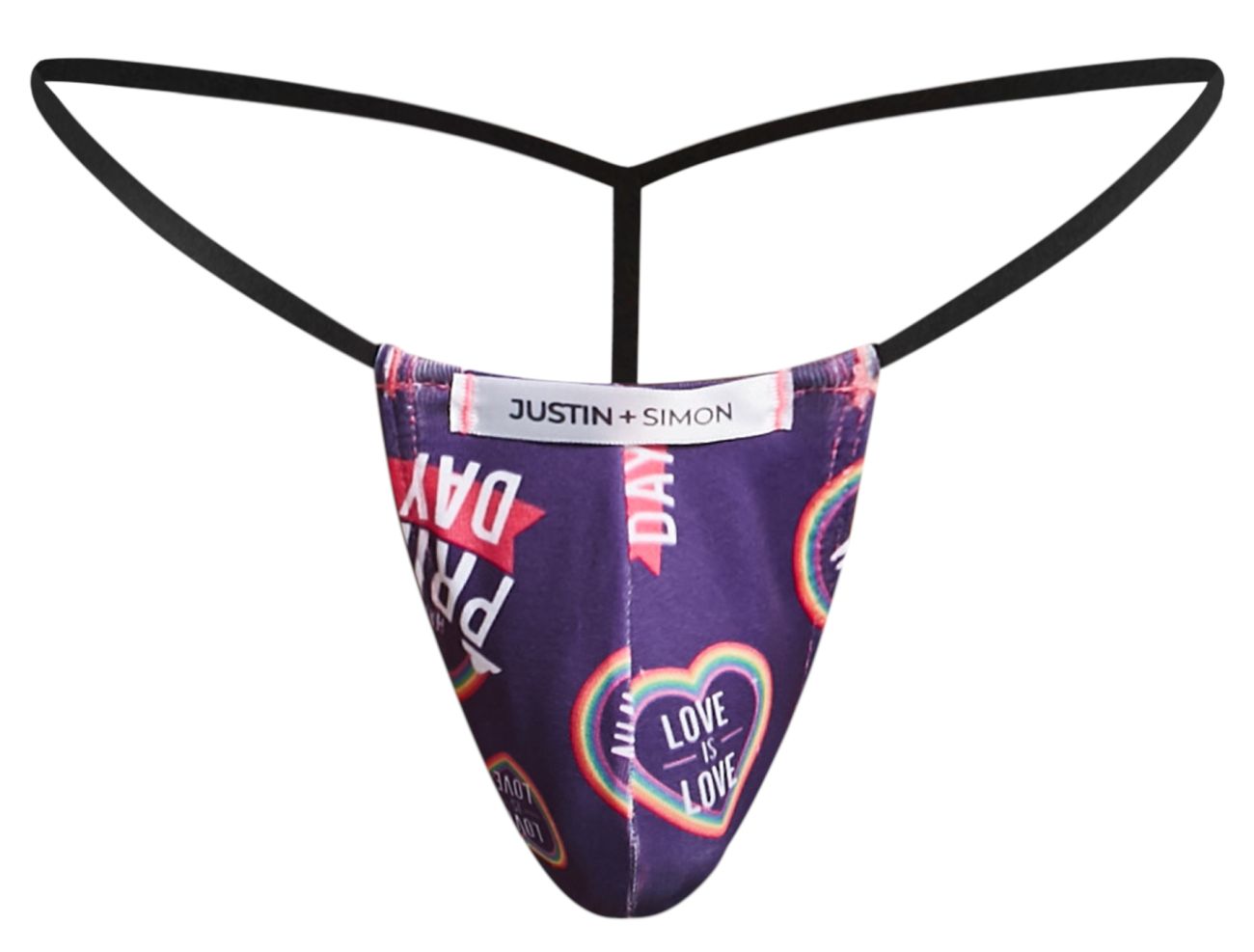 Purple classic g-string thong by justin plus simon with black elastic straps and rainbow heart pride day print