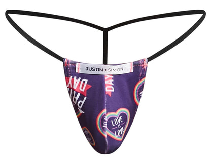 Purple classic g-string thong by justin plus simon with black elastic straps and rainbow heart pride day print