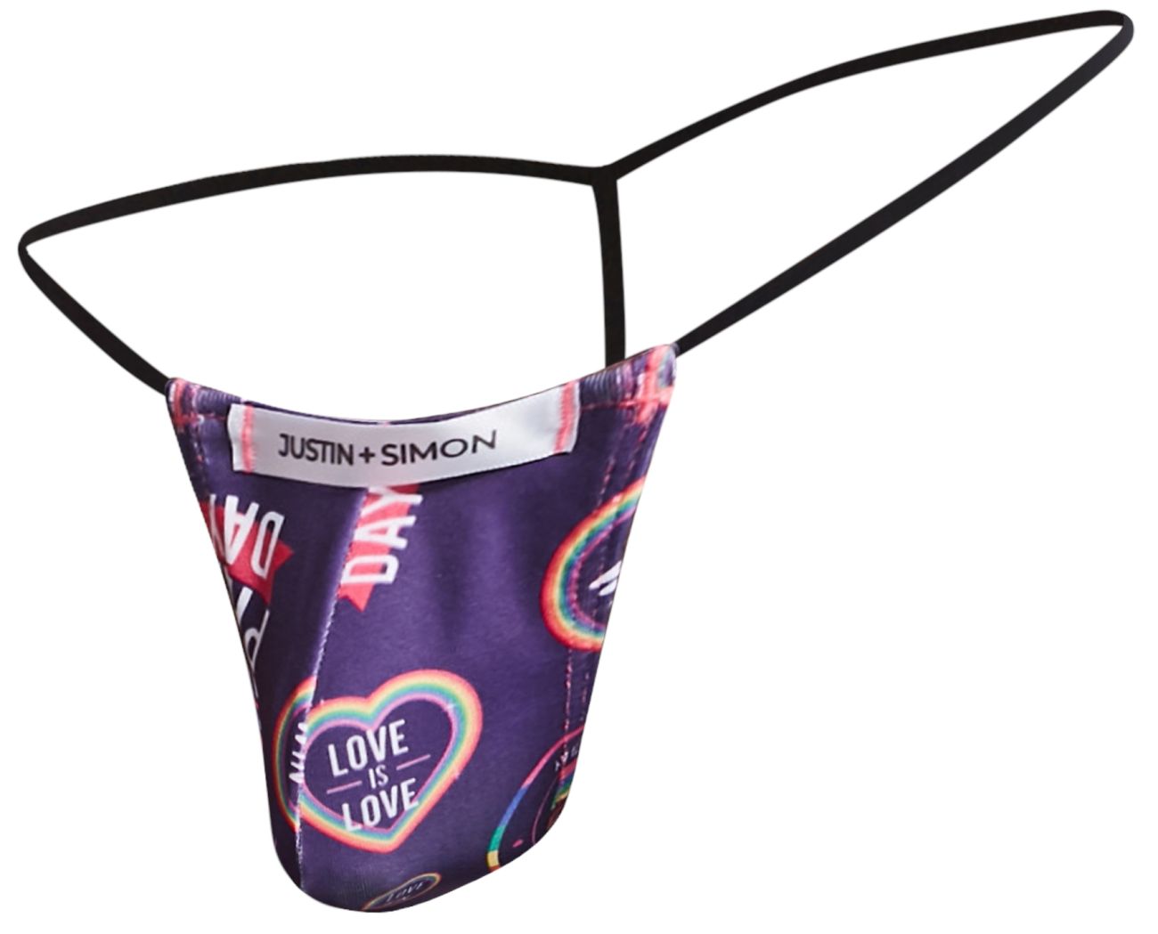 Purple patterned classic g-string thong with black elastic straps and justin simon brand label in color pride design