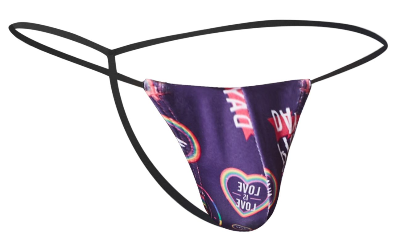Purple thong g-string with black elastic straps and rainbow heart pattern with love text by justin simon color pride