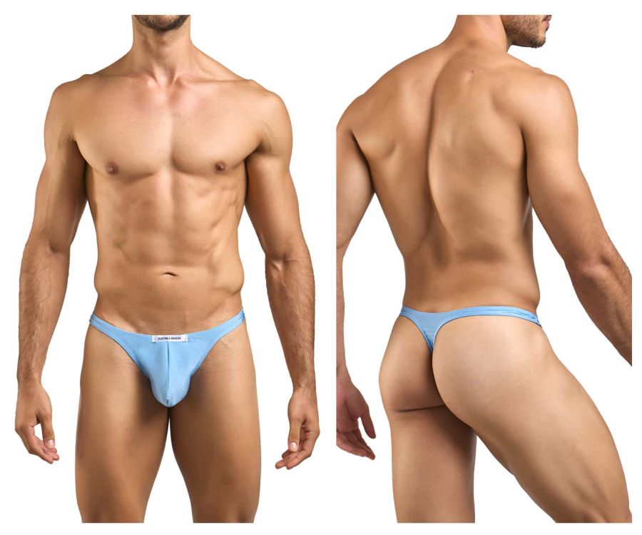 Light blue form-fitting thong underwear with subtle brand tag at front from JUSTIN+SIMON XSJ03 Classic Thongs