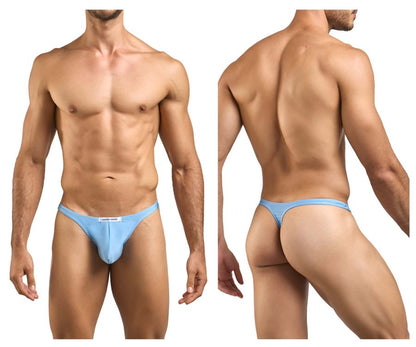 Light blue form-fitting thong underwear with subtle brand tag at front from JUSTIN+SIMON XSJ03 Classic Thongs