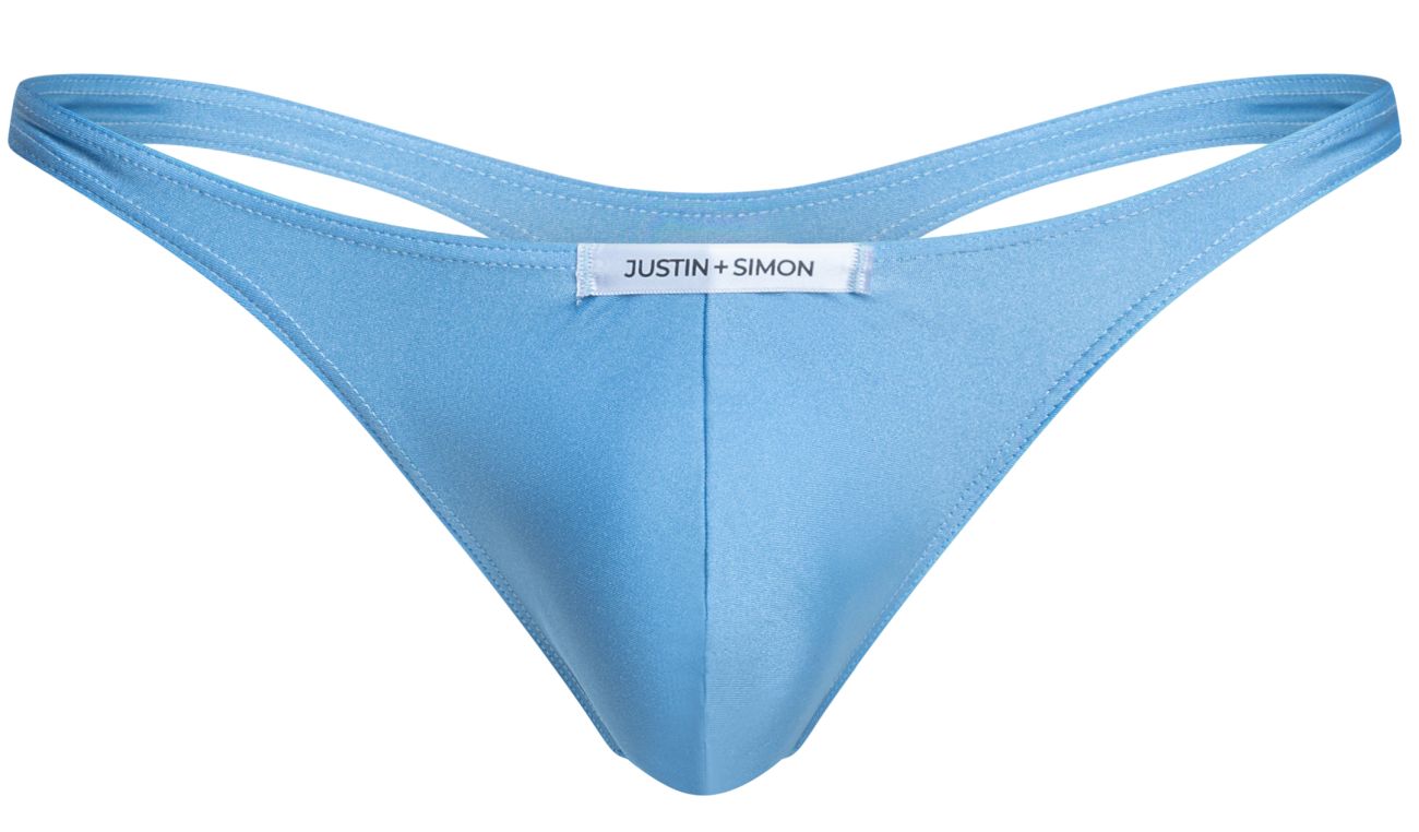 Light blue satin thong with white justin plus simon label at center back classic thongs xsj03 baby blue