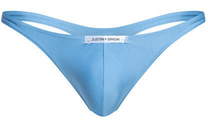 Light blue satin thong with white justin plus simon label at center back classic thongs xsj03 baby blue
