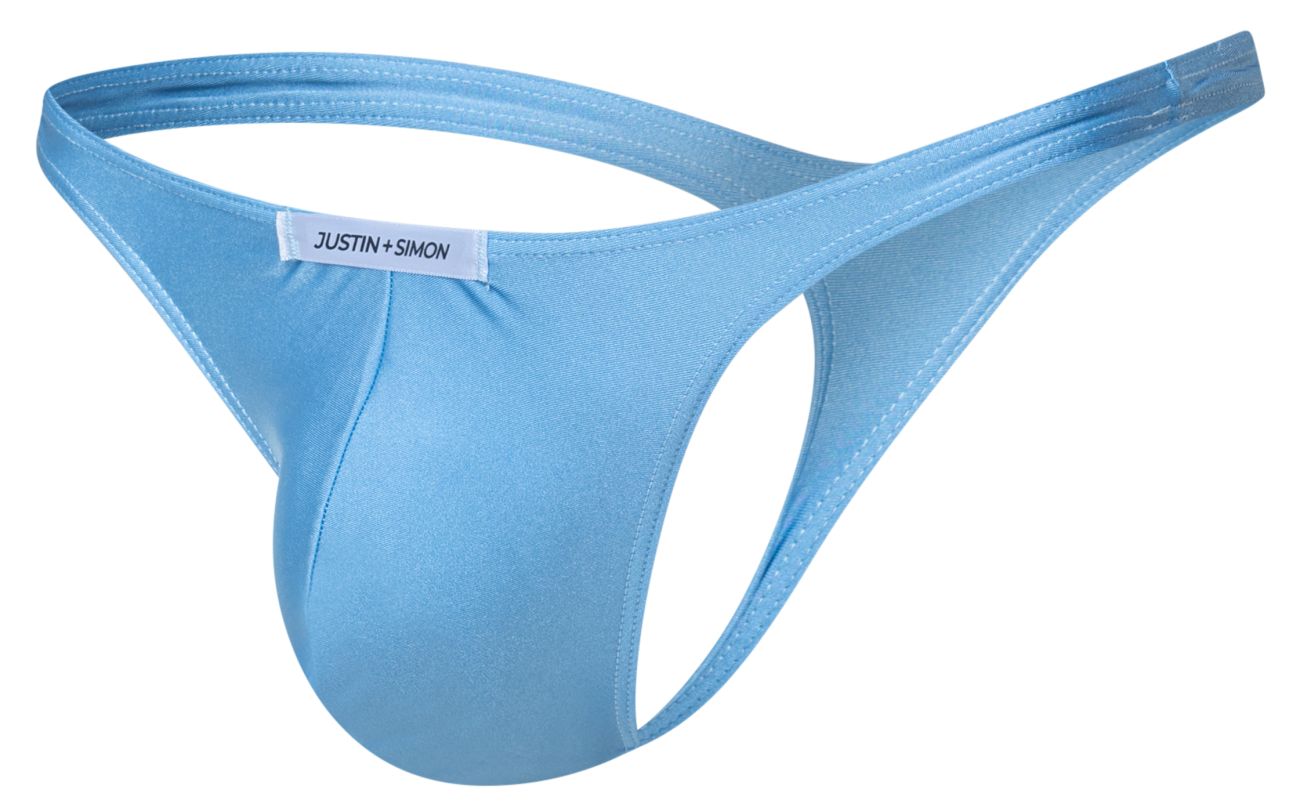 Light blue satin thong with justin plus simon brand label from JUSTIN+SIMON XSJ03 classic thongs collection