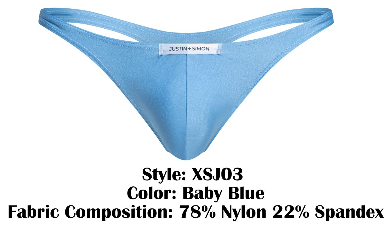 Baby blue classic thong by justin and simon style xsj03 made of soft fabric shown from the back side