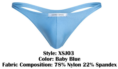 Baby blue classic thong by justin and simon style xsj03 made of soft fabric shown from the back side