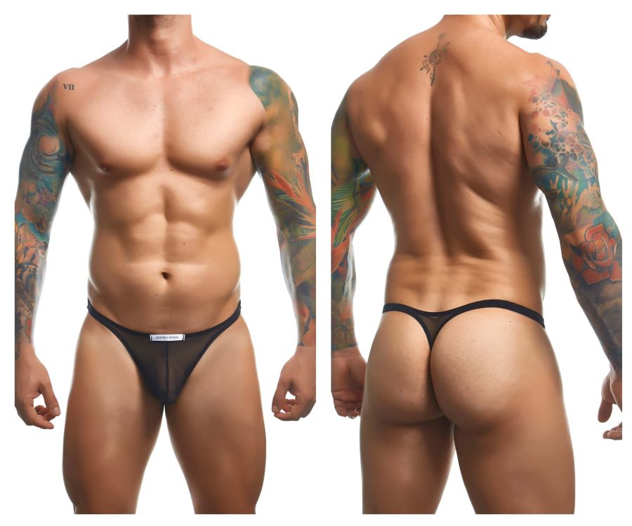 Justin simon xsj03 classic thong in black mesh with a small white label at the front for comfortable wear