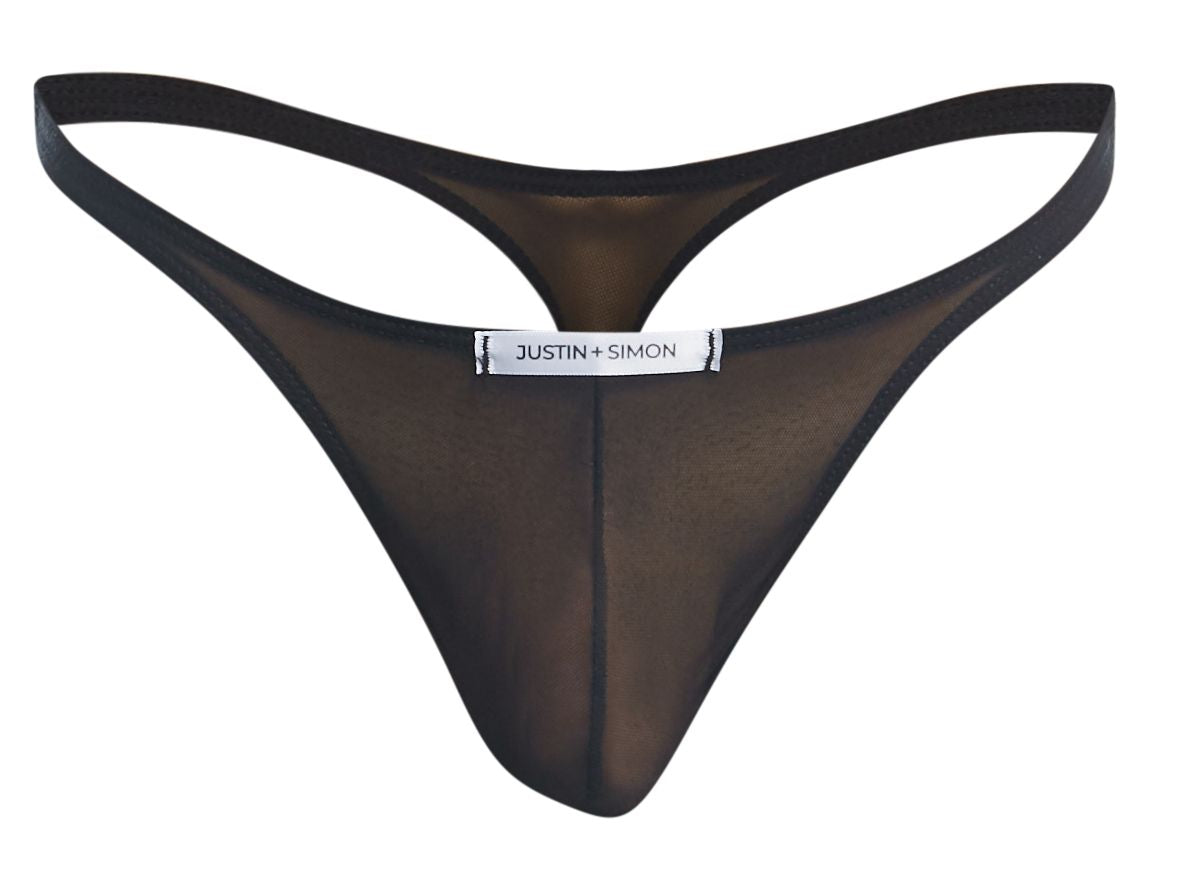 Black sheer mesh thong with elastic waistband and justin plus simon brand label from classic thongs xsj03 collection
