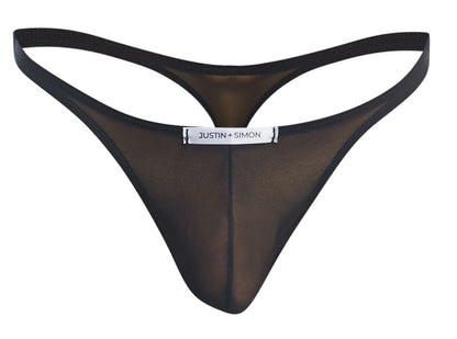Black sheer mesh thong with elastic waistband and justin plus simon brand label from classic thongs xsj03 collection
