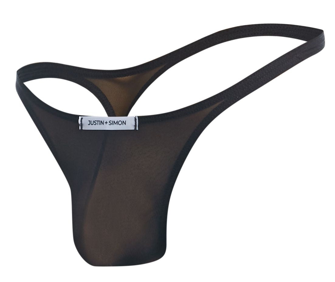 Black sheer mesh thong with justin+simon branded waistband from the classic xsj03 collection