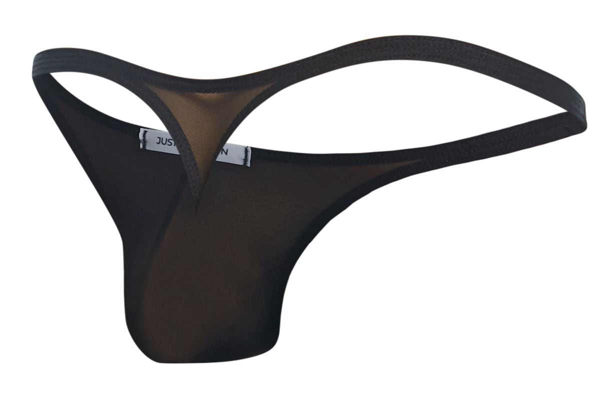 Black sheer mesh thong with thin waistband and leg openings from justin simon xsj03 classic thongs collection