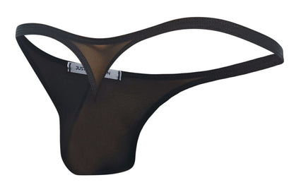 Black sheer mesh thong with thin waistband and leg openings from justin simon xsj03 classic thongs collection