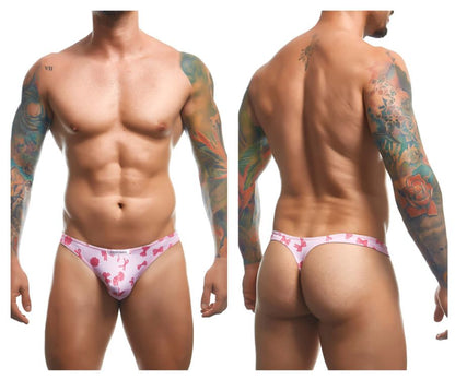 Pink patterned thong with bow and ribbon design in justin simon xsj03 classic thongs color coquette collection