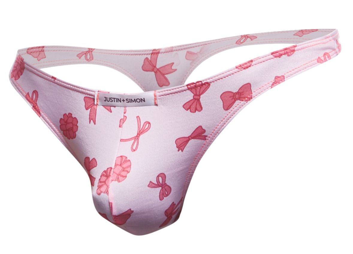 Pink bow-patterned thong by justin simon in coquette color made of soft classic fabric shown from the back side