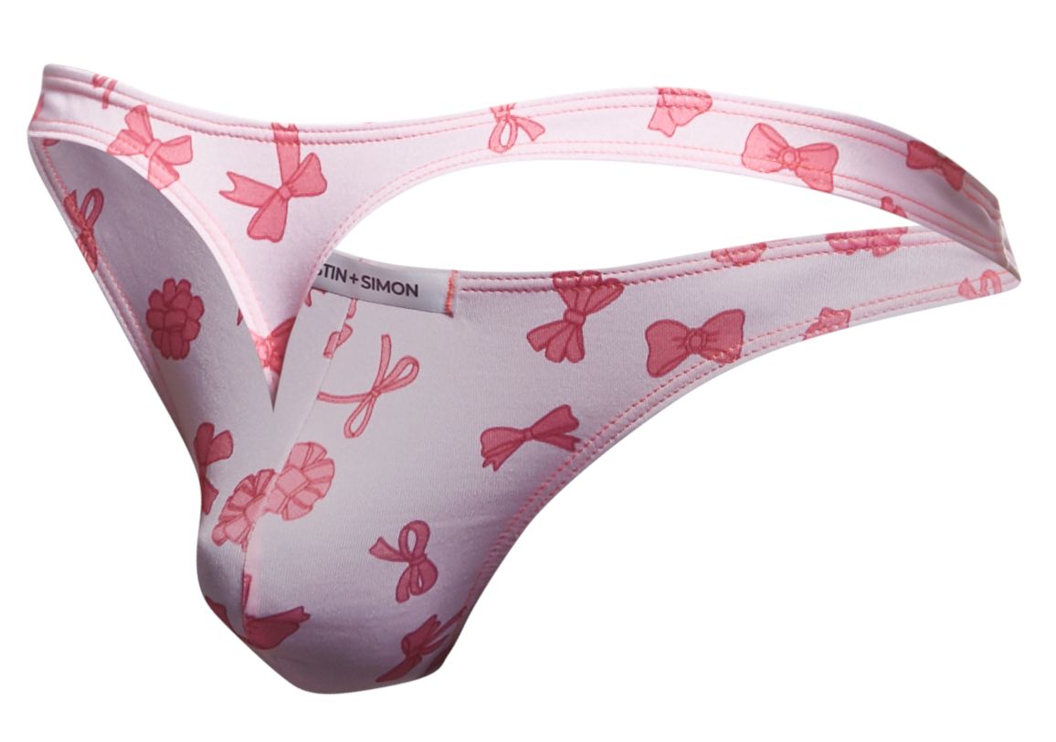 Pink bow-patterned men’s thong by martin+simon from justin+simon xsj03 classic thongs color coquette collection