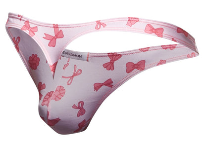 Pink bow-patterned men’s thong by martin+simon from justin+simon xsj03 classic thongs color coquette collection