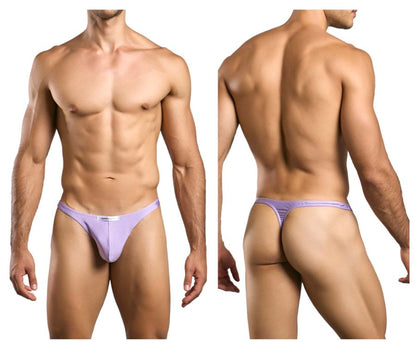 Lavender-colored justin simon xsj03 classic thong with smooth fabric and subtle striped waistband shown from the back