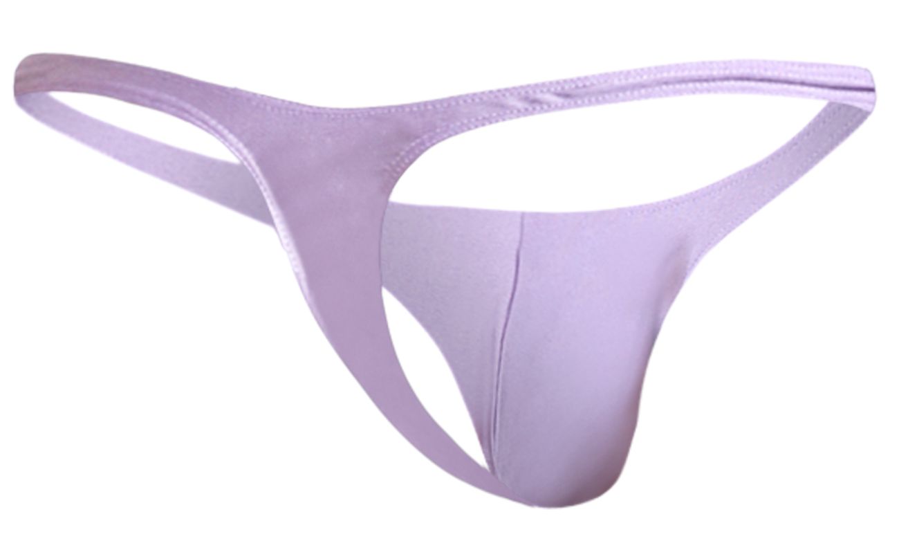 Lavender-colored justin simon classic thong made of smooth stretchy fabric with thin straps and minimalist design
