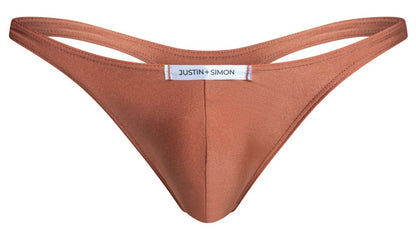 A sleek rust-colored thong made of smooth fabric with minimalist design and justin + simon brand label center front