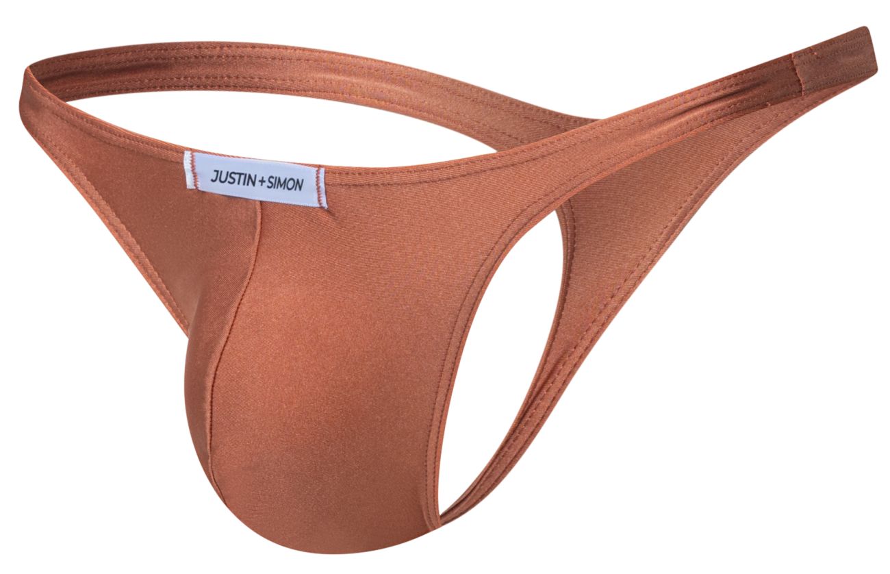 A sleek rust-colored justin simon XSJ03 classic thong made of smooth stretchy fabric with a minimalist design