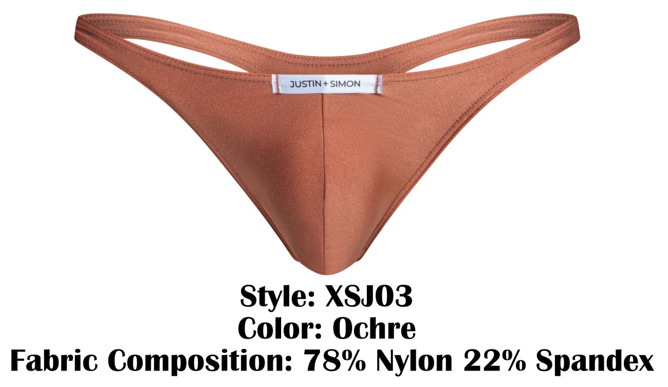 Ochre-colored thong by justin + simon made from 78% nylon and 22% spandex fabric in classic xsj03 style