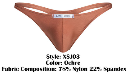 Ochre-colored thong by justin + simon made from 78% nylon and 22% spandex fabric in classic xsj03 style