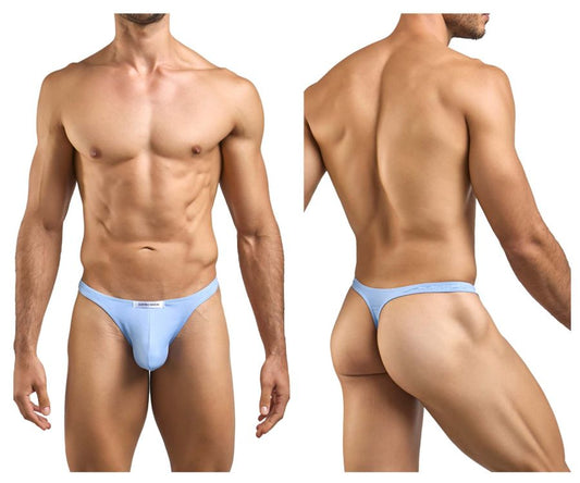 Light blue form-fitting thong underwear with subtle brand tag at the front from Justin Simon XSJ03 classic thongs collection