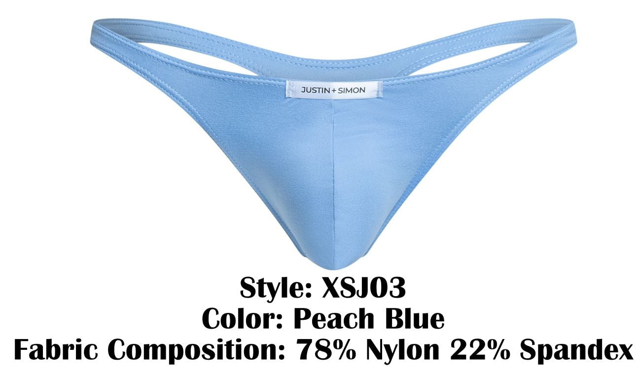 Peach blue thong by justin + simon made of 78 nylon 22 spandex in classic style for comfortable everyday wear
