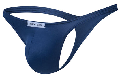 Navy blue justin simon thong made of smooth stretchable fabric with a sleek minimalist design shown from back side