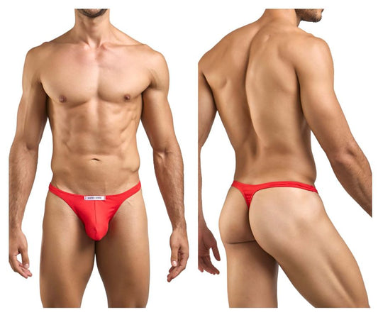 Justin simon classic red thong with a white label at the front made from soft peach fabric for comfortable wear