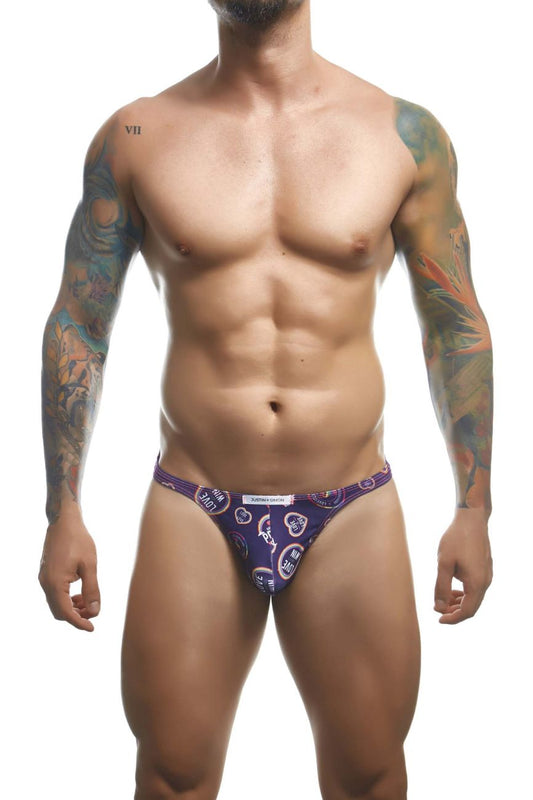 Justin+simon xsj03 classic thongs purple briefs with repeating white circular text and graphics pattern