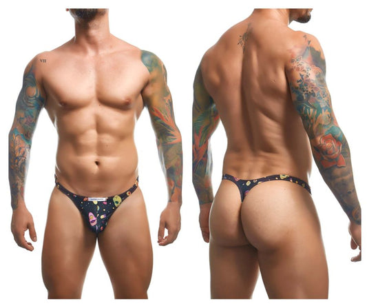 Dark blue justin simon xsj03 classic thong with vibrant space-themed pattern featuring planets and stars