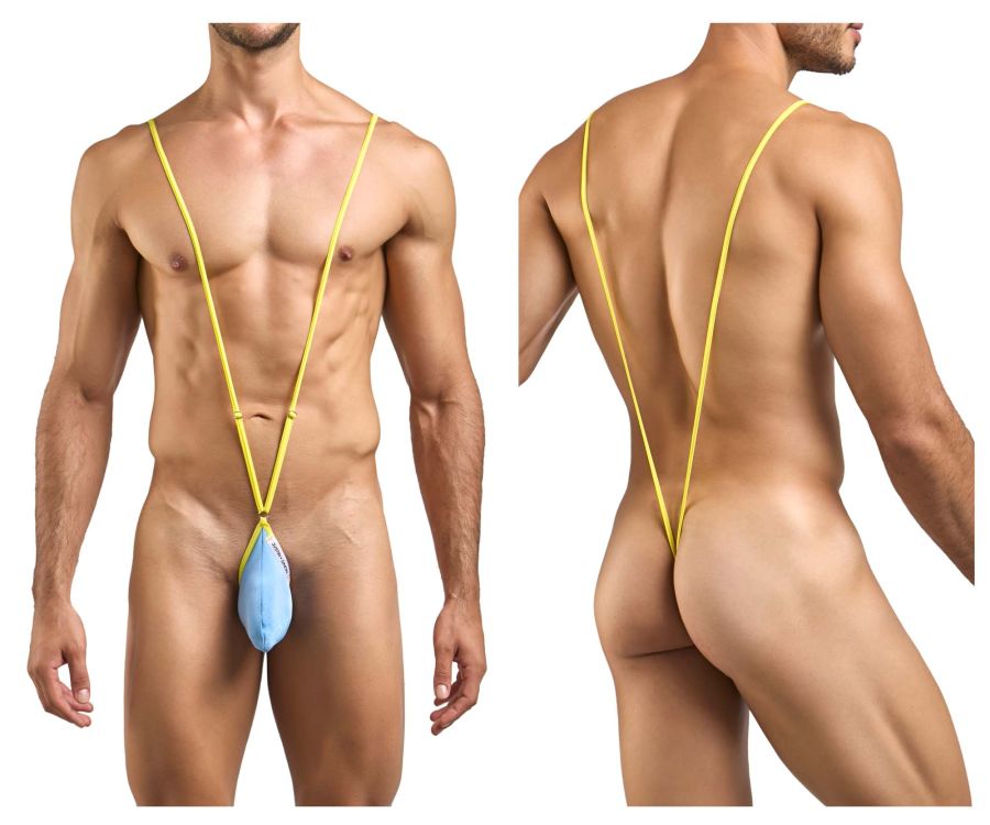 Yellow stringed men’s swimwear with a light blue pouch front from justin+simon xsj04 sling color baby blue collection