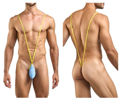 Yellow stringed men’s swimwear with a light blue pouch front from justin+simon xsj04 sling color baby blue collection