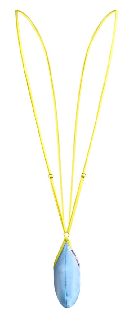 Justin simon xsj04 sling color baby blue pendant features a light blue teardrop shape with a yellow cord and metallic beads