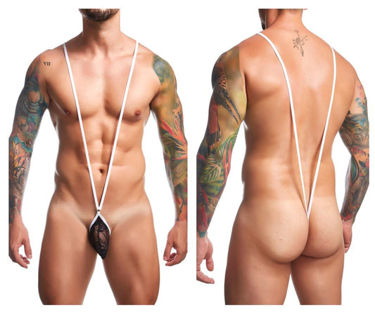 Black lace thong with white straps by JUSTIN SIMON model XSJ04 showing back side of the sling design