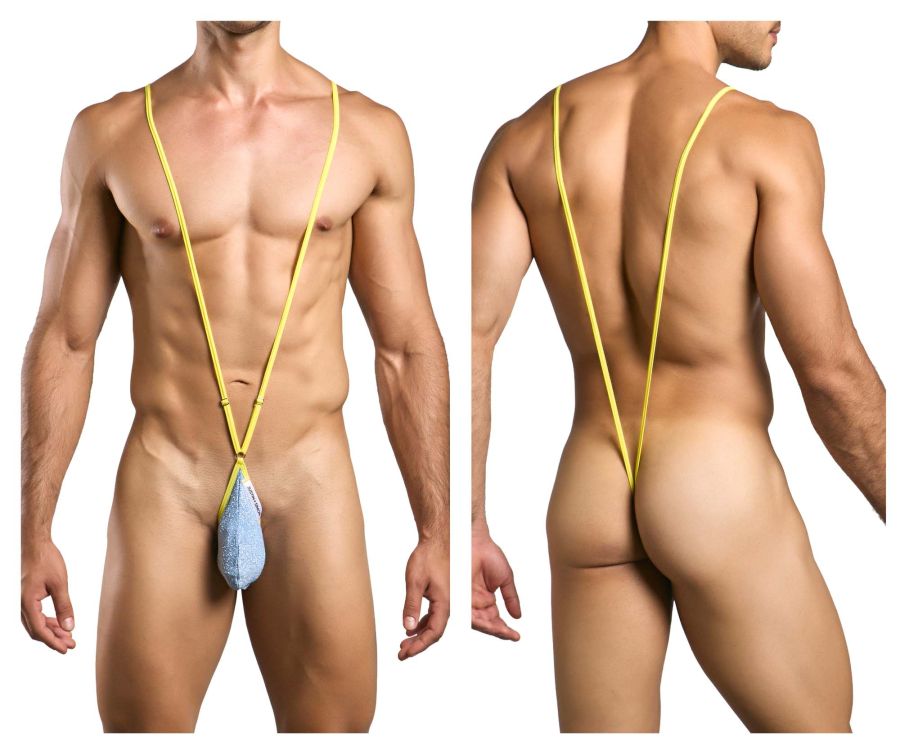 Yellow stringed men’s swimwear with blue textured lurex pouch front from justin simon xsj04 sling color lurex blue