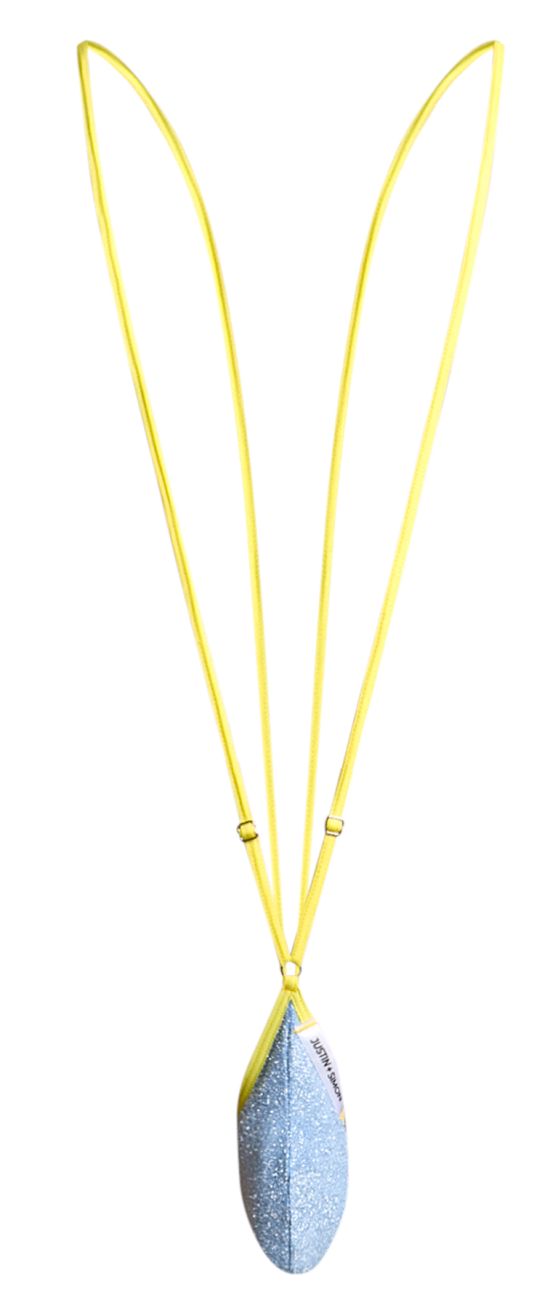 Justin simon xsj04 sling color lurex blue vibrant yellow cord necklace with light blue glittery feather pendant