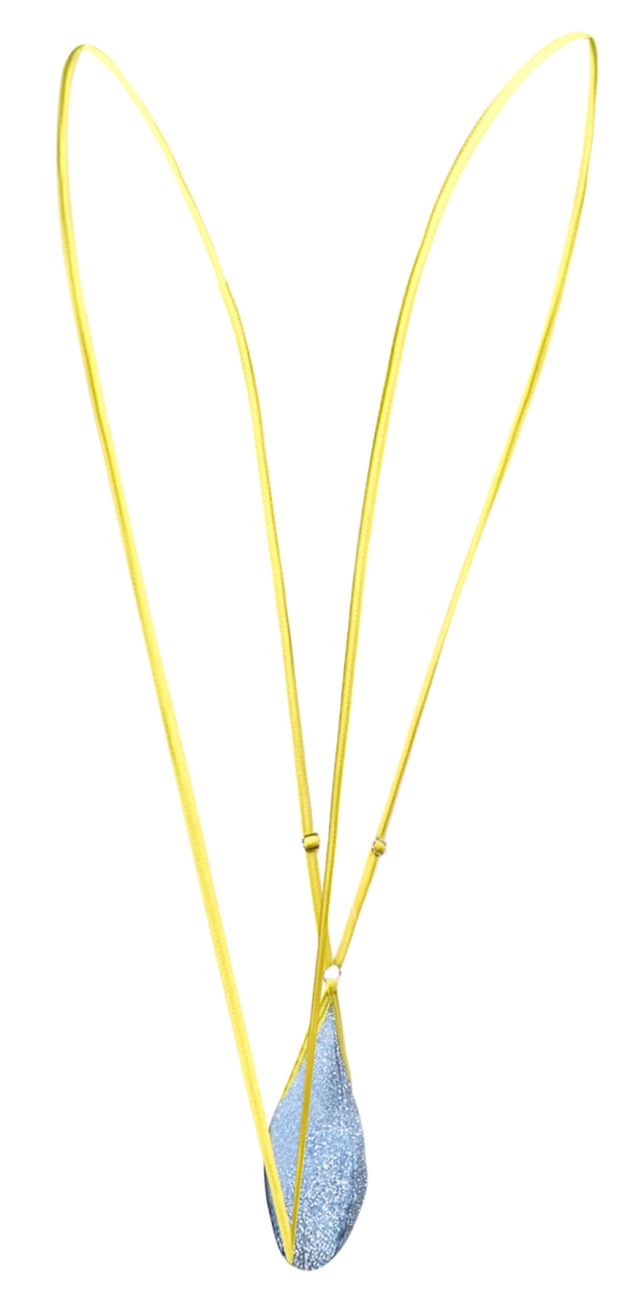 A delicate justin simon xsj04 sling color lurex blue gold-toned necklace with a shimmering blue glitter teardrop pendant