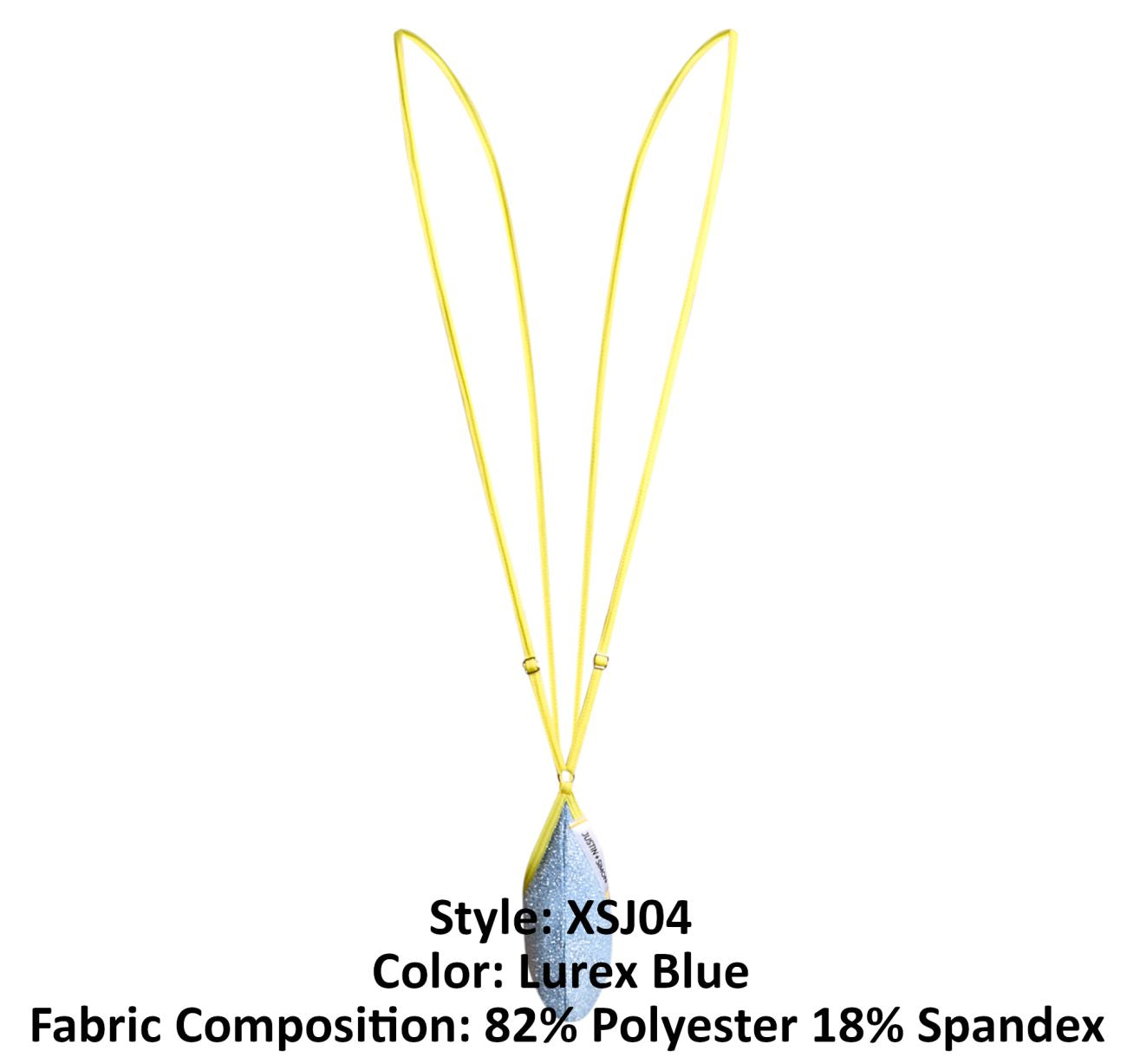 A shimmering lurex blue feather-shaped pendant on a bright yellow cord from JUSTIN SIMON XSJ04 Sling Color collection