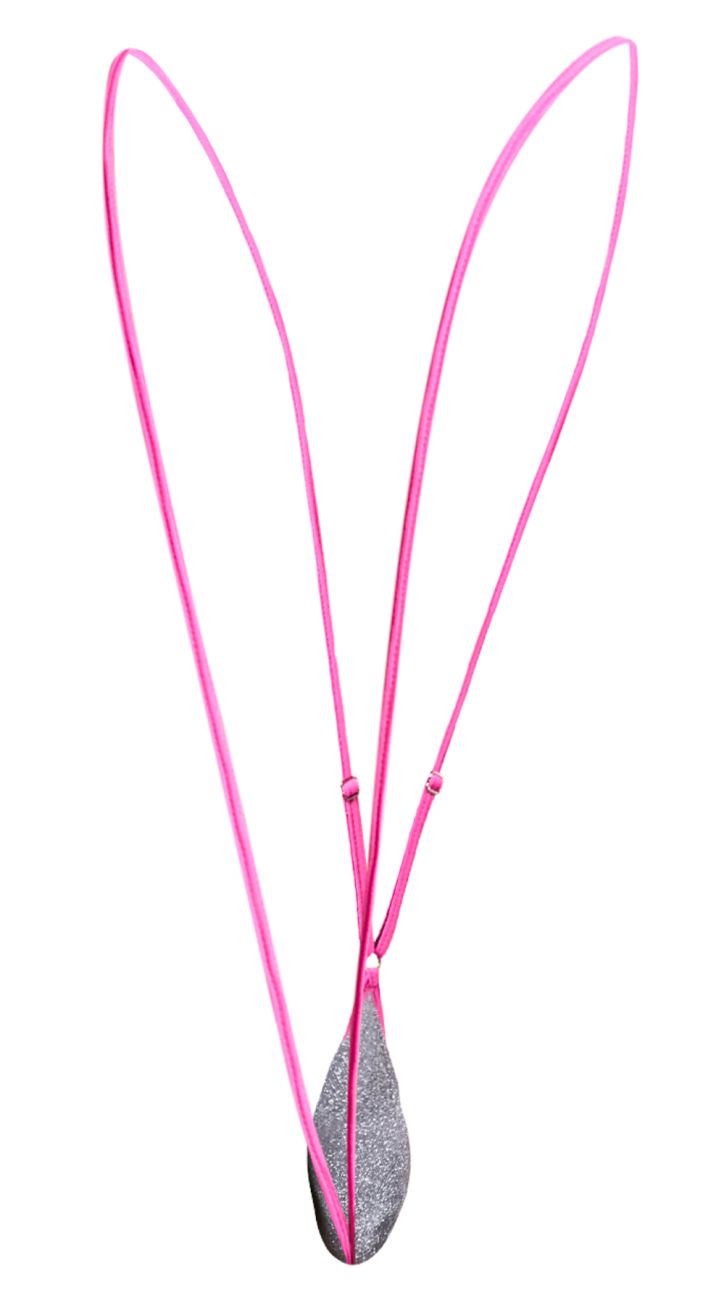 Justin Simon XSJ04 sling color lurex gray vibrant pink corded necklace with teardrop pendant and silver glitter finish