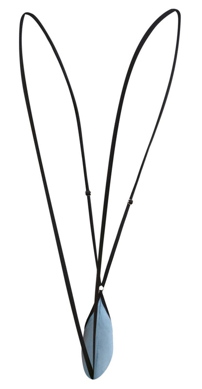 Black cord necklace with light blue teardrop pendant paired with justin+simon xsj04 sling color metal green bag