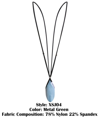 Justin simon xsj04 sling color metal green pendant featuring a metal green feather on black cord with nylon spandex blend