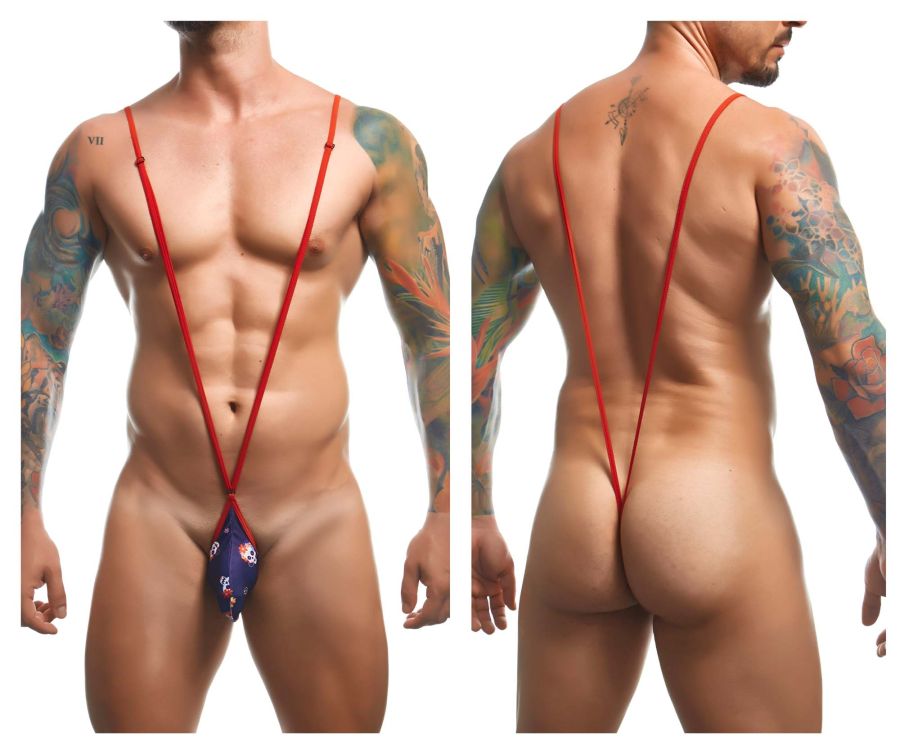 Red stringed men’s thong with navy blue floral front pattern from justin simon xsj04 sling color mexico collection