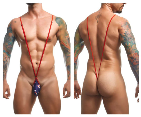Red stringed men’s thong with navy blue floral front pattern from justin simon xsj04 sling color mexico collection
