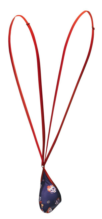 Justin+Simon XSJ04 sling color Mexico red corded necklace with dark blue skull patterned teardrop pendant